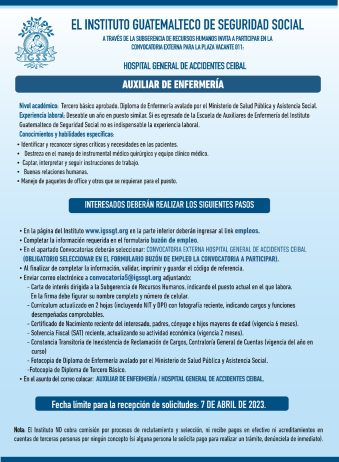 Convocatoria para la plaza de Auxiliar de Enfermería en el Hospital General de Accidentes Ceibal