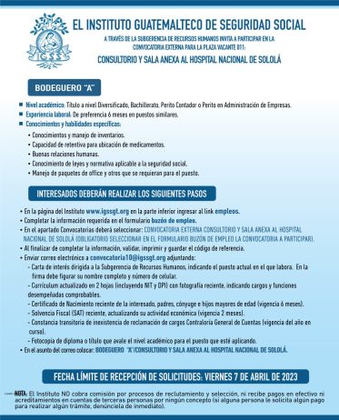 Convocatoria para la plaza de Bodeguero A en el Consultorio y Sala Anexa al Hospital Nacional de Sololá