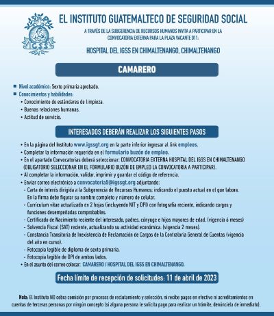 Convocatoria para la plaza de Camarero en el Hospital de Chimaltenango