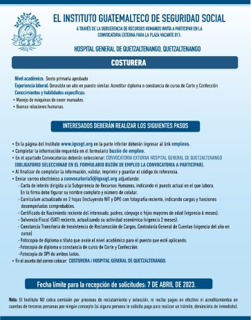 Convocatoria para la plaza de Costurera en el Hospital General de Quetzaltenango