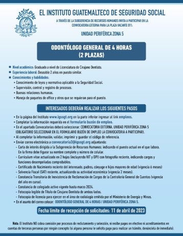 Convocatoria para la plaza de Odontólogo General en la Unidad Periférica Zona 5