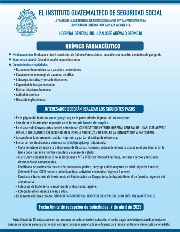 Convocatoria para la plaza de Químico Farmacéutico en el Hospital General Dr. Juan José Arévalo Bermejo