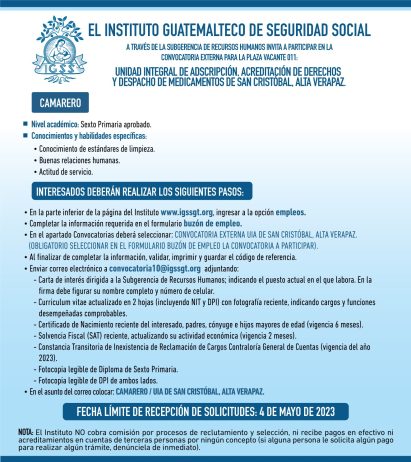 Convocatoria para la plaza de Camarero en la Unidad Integral de San Cristóbal, Alta Verapaz