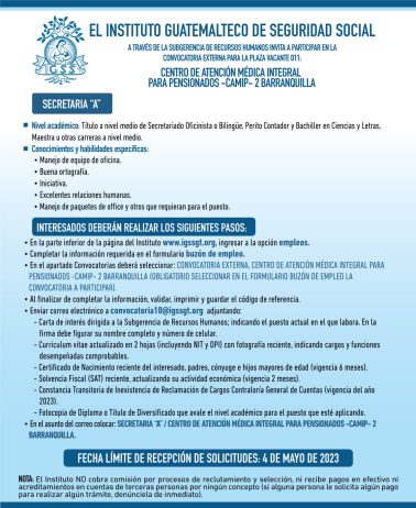 Convocatoria para la plaza de Secretaria en CAMIP 2 Barranquilla