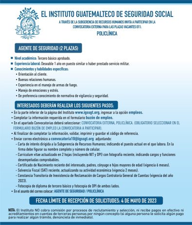 Convocatoria para la plaza de Agente de Seguridad en Policlínica