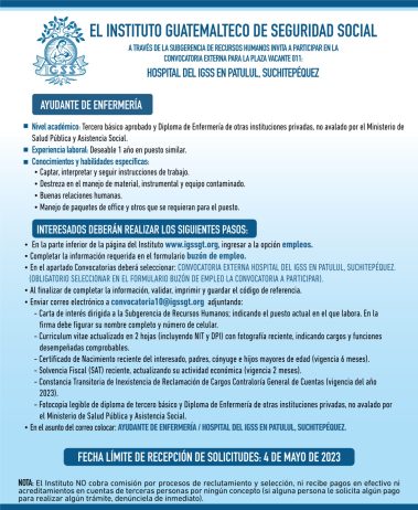 Convocatoria para la plaza de Ayudante de Enfermería en el Hospital en Patulul, Suchitepéquez