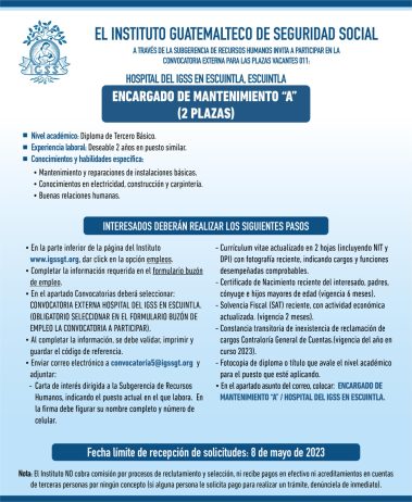 Convocatoria para la plaza Encargado de Mantenimiento en el Hospital en Escuintla, Escuintla