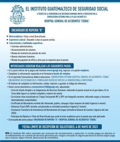 Convocatoria para la plaza de Encargado de Ropería en el Hospital General de Accidentes Ceibal