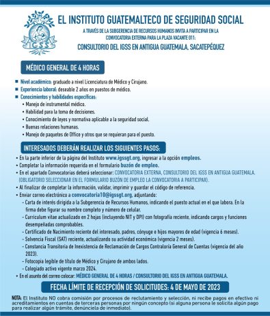 Convocatoria para la plaza de Médico General en el Consultorio en Antigua Guatemala, Sacatepéquez