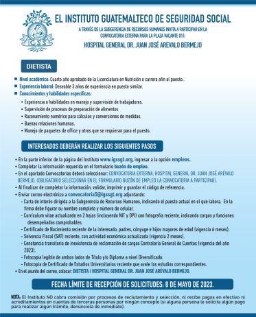 Convocatoria para la plaza de Dietista en el Hospital General Dr. Juan José Arévalo Bermejo