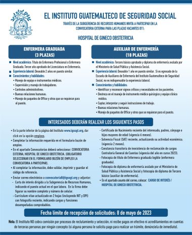 Convocatoria para las plazas de Enfermeras Graduadas y Auxiliares de Enfermería en el Hospital de Gineco Obstetricia