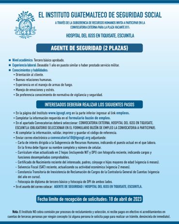 Convocatoria para la plaza de Agente de Seguridad en el Hospital en Tiquisate, Escuintla