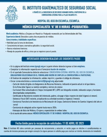 Convocatoria para la plaza de Médico Especialista «A» en el Hospital en Escuintla, Escuintla