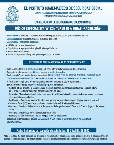 Convocatoria para la plaza de Médico Especialista A (Radiología) en el Hospital General de Quetzaltenango