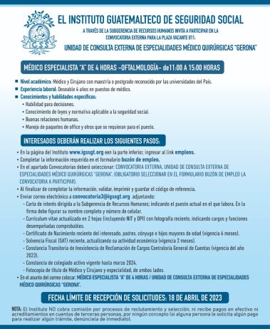 Convocatoria para la plaza de Médico Especialista (Oftalmología) en la Unidad de Consulta Externa Gerona