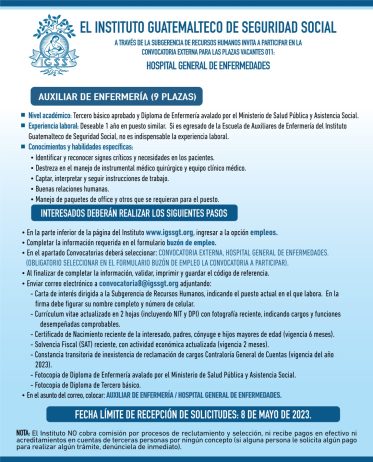 Convocatoria para las plazas de Auxiliares de Enfermería en el Hospital General de Enfermedades