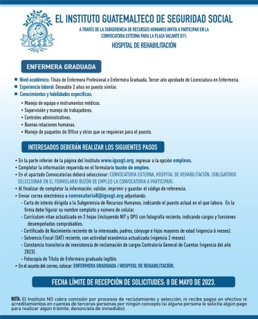 Convocatoria para la plaza de Enfermera Graduada en Hospital de Rehabilitación
