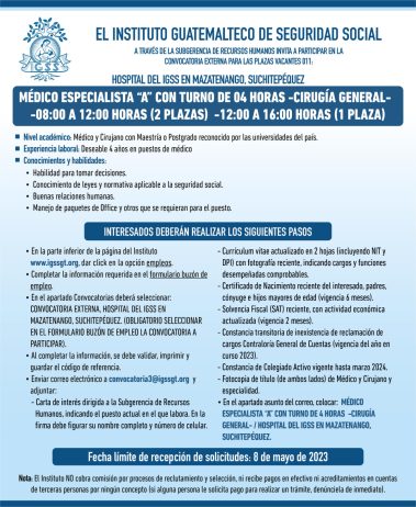 Convocatoria para plazas de Médico Especialista (Cirugía General) en el Hospital en Mazatenango, Suchitepéquez