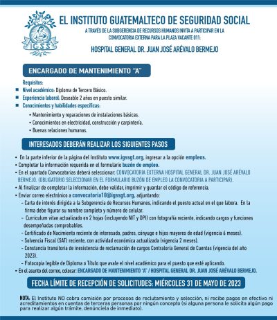 Convocatoria para la plaza de Encargado de Mantenimiento A en el Hospital General Dr. Juan José Arévalo Bermejo