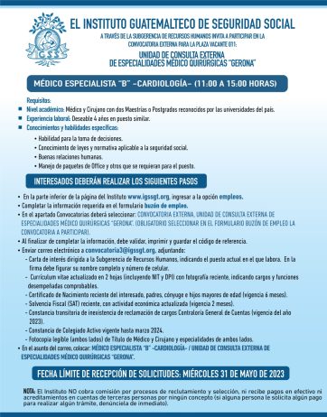 Convocatoria para la plaza de Médico Especialista (Cardiología) en la Unidad de Consulta Externa Gerona