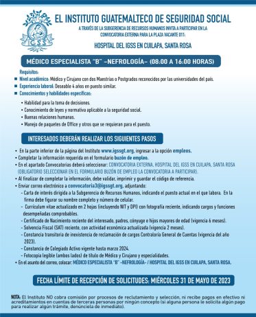 Convocatoria para la plaza de Médico Especialista (Nefrología) en el Hospital en Cuilapa, Santa Rosa
