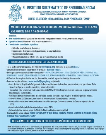 Convocatoria para la plaza de Médico Especialista (Medicina Interna) en el Centro CAMIP