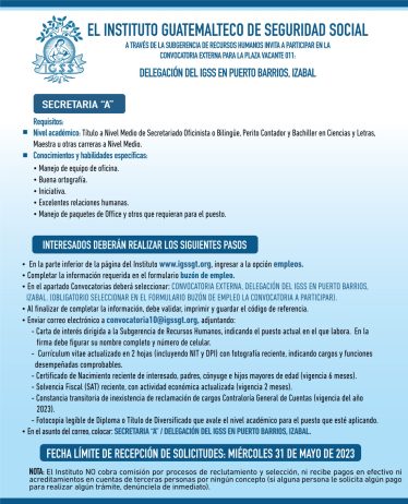 Convocatoria para la plaza de Secretaria A en la Delegación en Puerto Barrios, Izabal