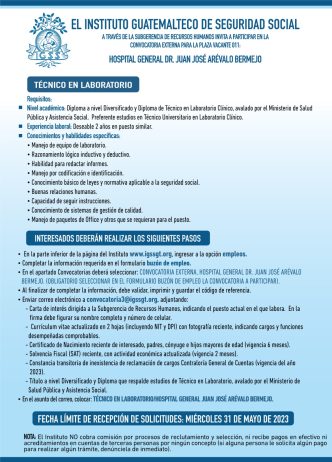 Convocatoria para la plaza de Técnico en Laboratorio en el Hospital General Dr. Juan José Arévalo Bermejo
