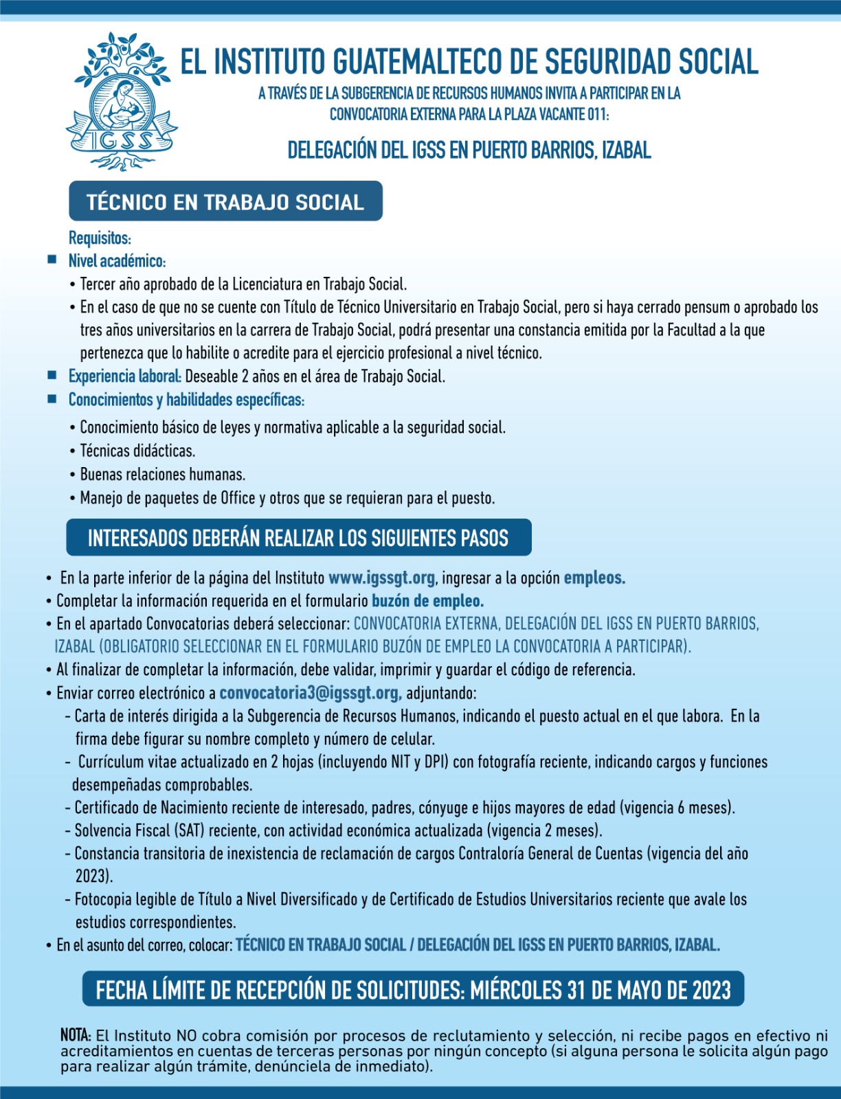 Múltiple Granjero boca Convocatoria para la plaza de Técnico en Trabajo Social para la Delegación  en Puerto Barrios, Izabal - Noticias IGSS