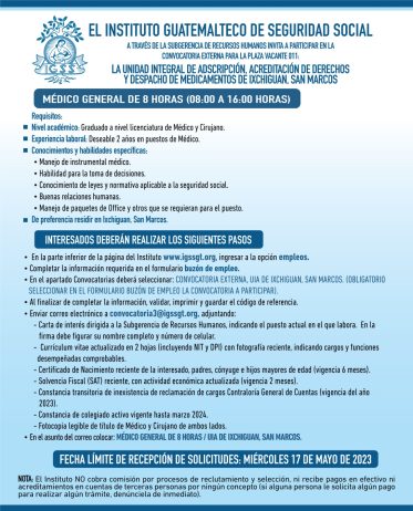 Convocatoria para la plaza de Médico General en la Unidad Integral de Ixchiguan, San Marcos