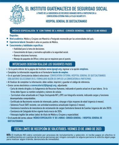 Convocatoria para la plaza de Médico Especialista (Cirugía General) en el Hospital General de Quetzaltenango