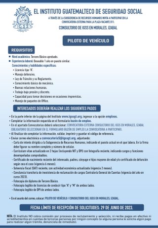 Convocatoria para la plaza de Piloto de Vehículo en el Consultorio en Morales, Izabal