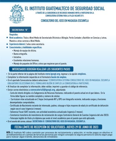 Convocatoria para la plaza de Secretaria B en el Consultorio en Masagua, Escuintla