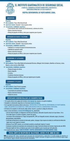 Convocatoria de plazas para el Hospital de Puerto Barrios, Izabal
