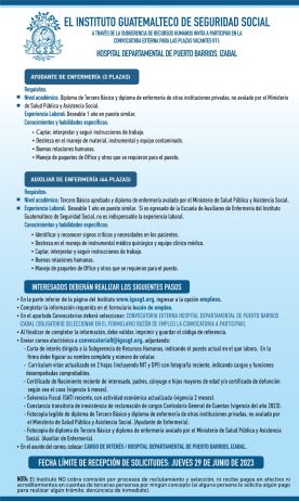 Convocatoria para plazas de Auxiliares y Ayudantes de Enfermería para el Hospital de Puerto Barrios, Izabal