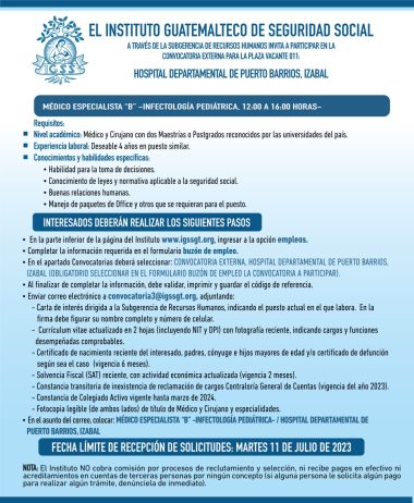 Convocatoria para la plaza: Médico Especialista (Infectología Pediátrica) para el Hospital Departamental de Puerto Barrios, Izabal