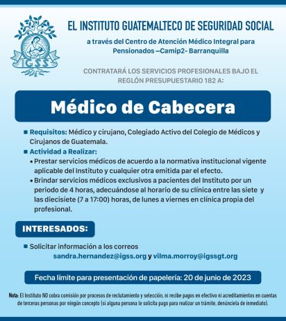 Convocatoria para la contratación por servicios profesionales de Médico de Cabecera en CAMIP 2 Barranquilla