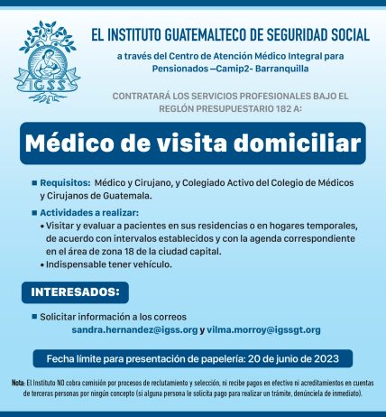 Convocatoria para la contratación por servicios profesionales de Médico de Visita Domiciliar en CAMIP 2 Barranquilla