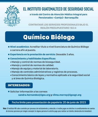 Convocatoria para la contratación por servicios profesionales de Químico Biólogo en CAMIP 2 Barranquilla