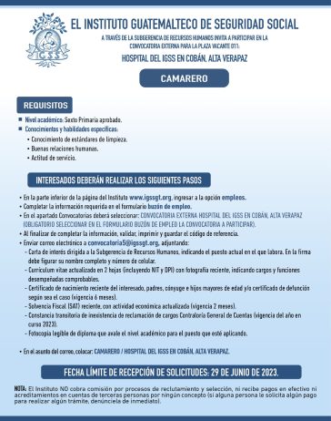 Convocatoria para la plaza de Camarero en el Hospital en Cobán, Alta Verapaz