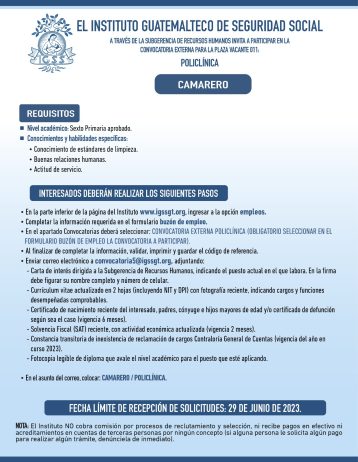 Convocatoria para la plaza de Camarero en Policlínica