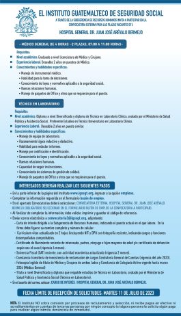 Convocatoria para plazas: Médicos y Técnico de Laboratorio para el Hospital General Dr. Juan José Arévalo Bermejo