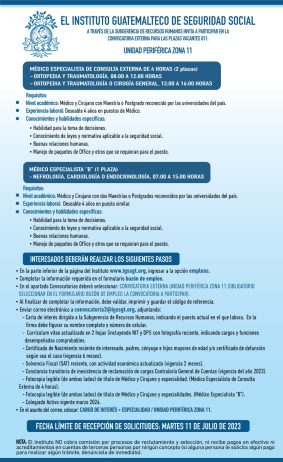 Convocatoria para plazas: Médicos Especialistas para la Unidad Periférica Zona 11