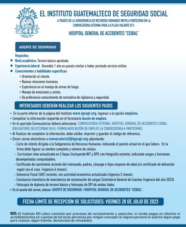 Convocatoria para la plaza: Agente de Seguridad en el Hospital General de Accidentes Ceibal