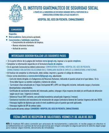 Convocatoria de la plaza: Camarero para el Hospital en Pochuta, Chimaltenango