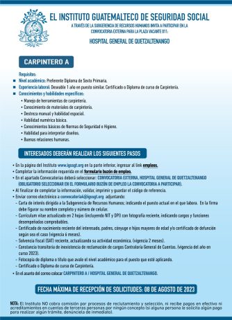 Convocatoria para la plaza: Carpintero en el Hospital General de Quetzaltenango