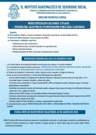 Convocatoria para la plaza: Médico Especialista (Epidemiología, Salud Pública y/o Investigación Clínica) en la Dirección Terapéutica Central