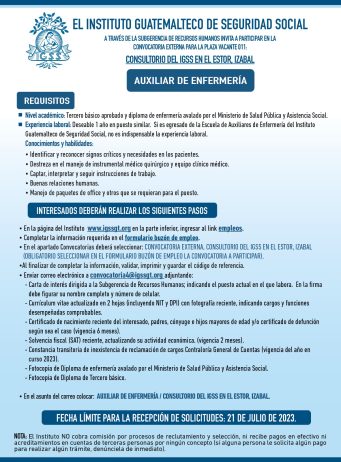 Convocatoria de la plaza: Auxiliar de Enfermería para el Consultorio en El Estor, Izabal