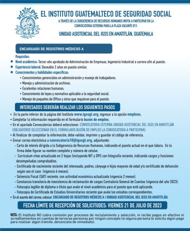 Convocatoria para la plaza: Encargado de Registros Médicos en Unidad Asistencial Amatitlán, Guatemala