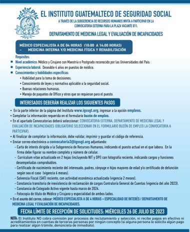 Convocatoria de la plaza: Médico Especialista para el Departamento de Medicina Legal y Evaluación de Incapacidades